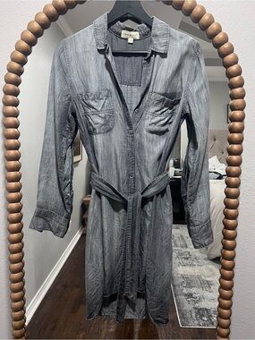 Cloth and Stone Washed Grey Button-Front Shirt Dress with Waist Tie
